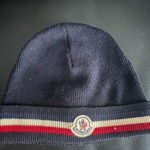 Moncler Dark Blue Beanie with Red and Cream Stripes